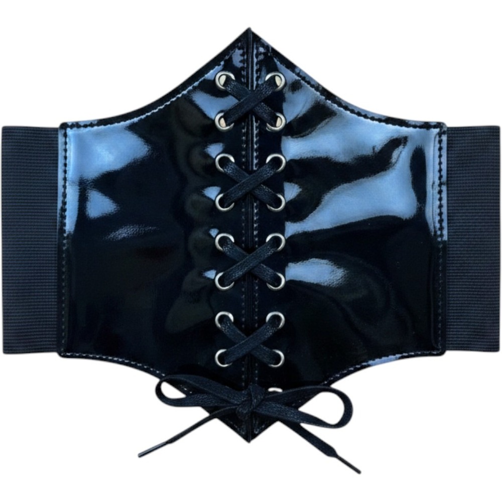Black Corset Belt Womens OS Black Patent Lace Up Elastic Waist Cincher Goth Emo